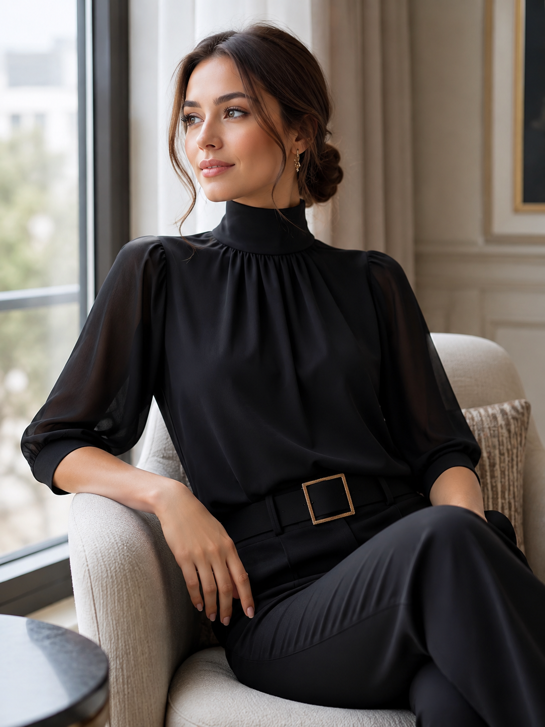 Mock Neck Chiffon Puff Sleeve Blouse