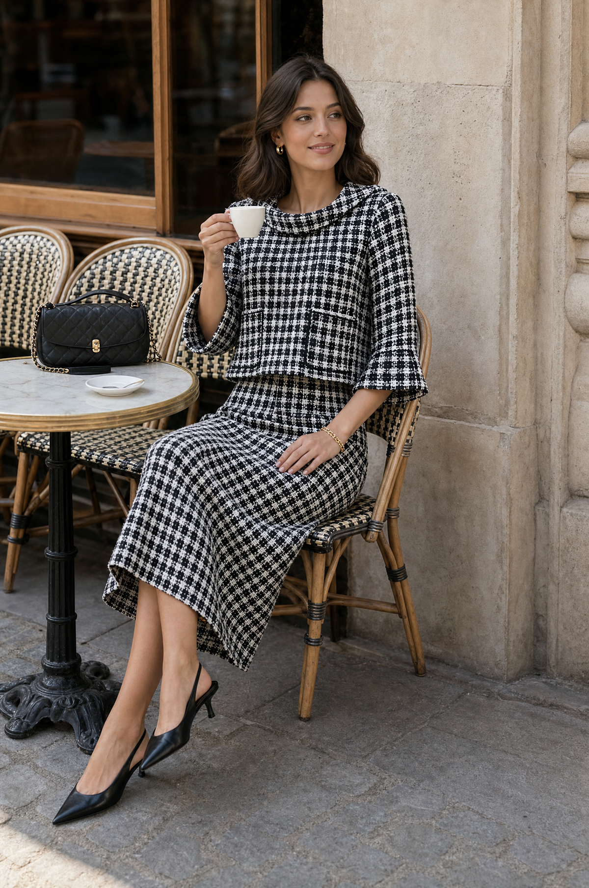 Elegant Black And White Tweed Two-Piece Skirt Set
