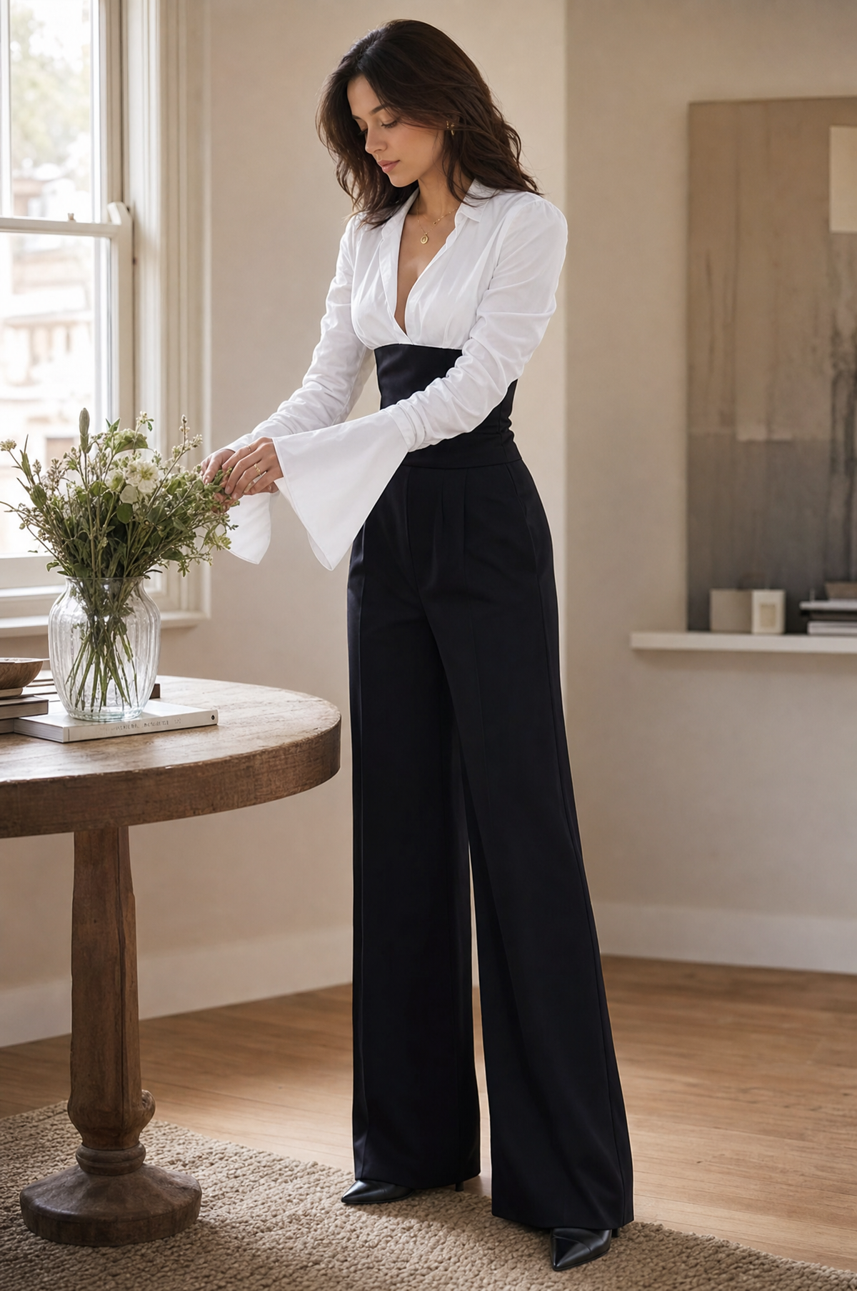 Women's Color-Block V-Neck Long-Sleeve Top and High-Waisted Wide-Leg Pants Set