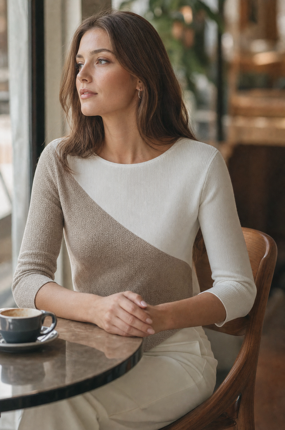 Asymmetric Color-Block 3/4 Sleeve Knit Top