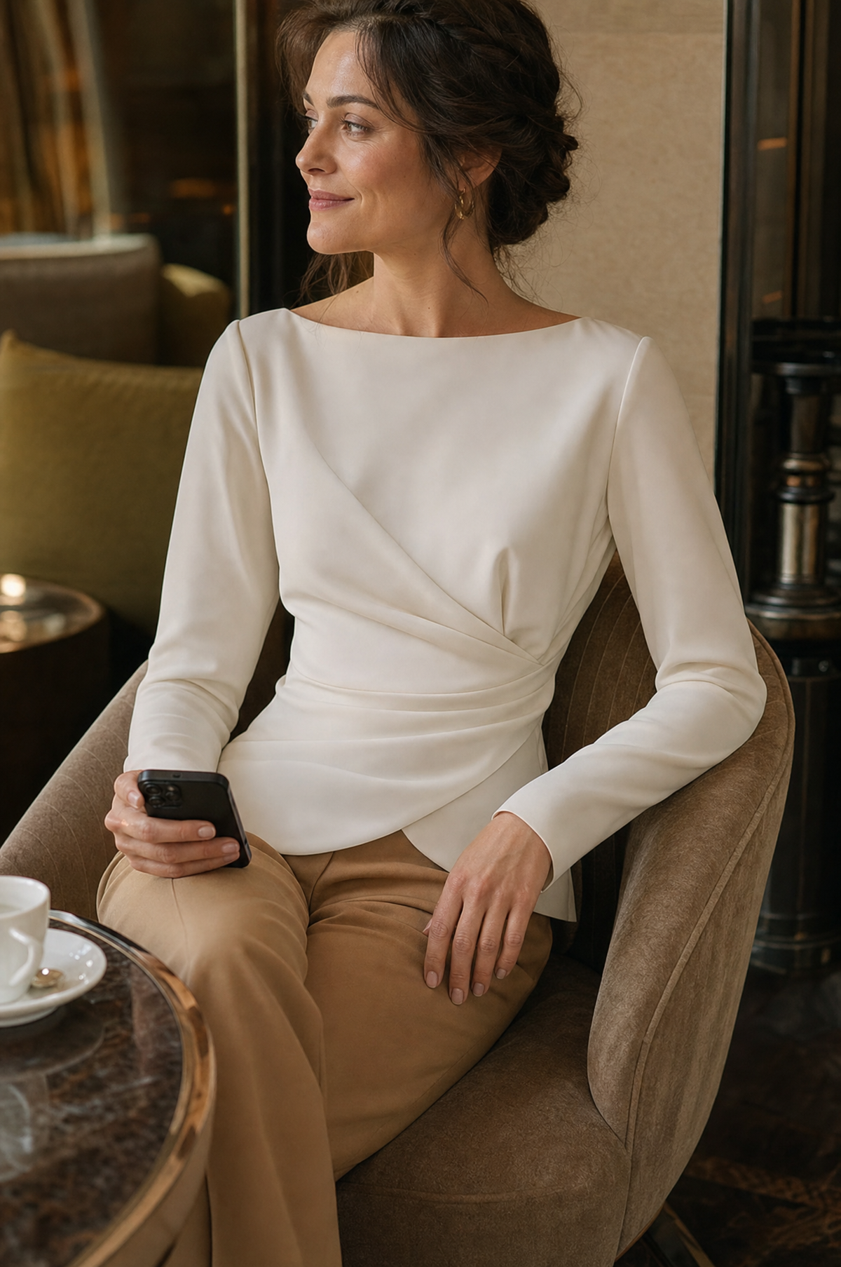 Ivory Draped Twist Front Long Sleeve Top