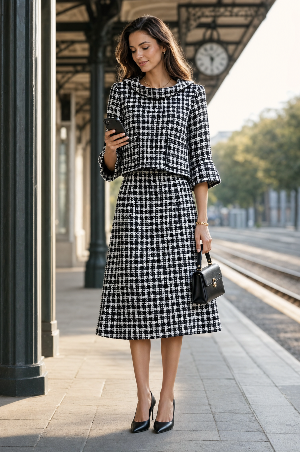 Elegant Black And White Tweed Two-Piece Skirt Set
